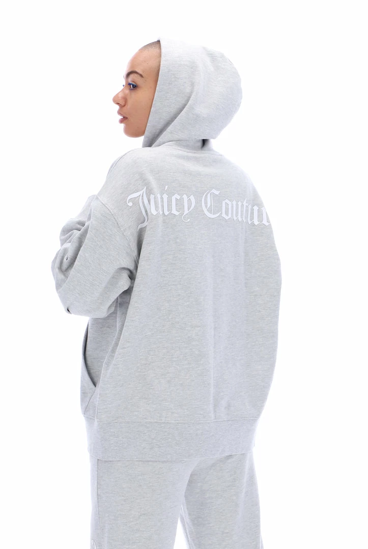 JUICY COUTURE SPRING SUMMER '22 COLLECTION SILVER MARL GRAPHIC FLEECE BOYFRIEND ZIP HOODIE