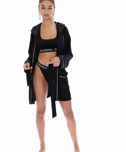 JUICY COUTURE LOUNGEWEAR BLACK VELVET HOODED ROBE