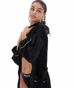 JUICY COUTURE LOUNGEWEAR BLACK VELVET HOODED ROBE