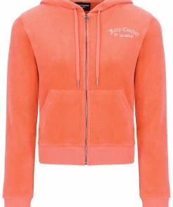 JUICY COUTURE SPRING SUMMER '22 COLLECTION FRESH CORAL RECYCLED VELOUR ZIP THROUGH HOODIE