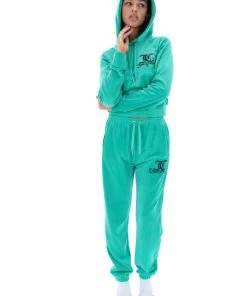 JUICY COUTURE GREEN VELOUR CREST CUFFED BOTTOMS TRACKSUITS
