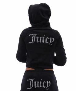 JUICY COUTURE BLACK VELOUR DIAMANTE HOODIE TRACKSUITS