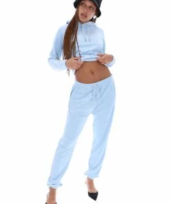JUICY COUTURE COOL BLUE DIAMANTE VELOUR CUFFED BOTTOMS TRACKSUITS