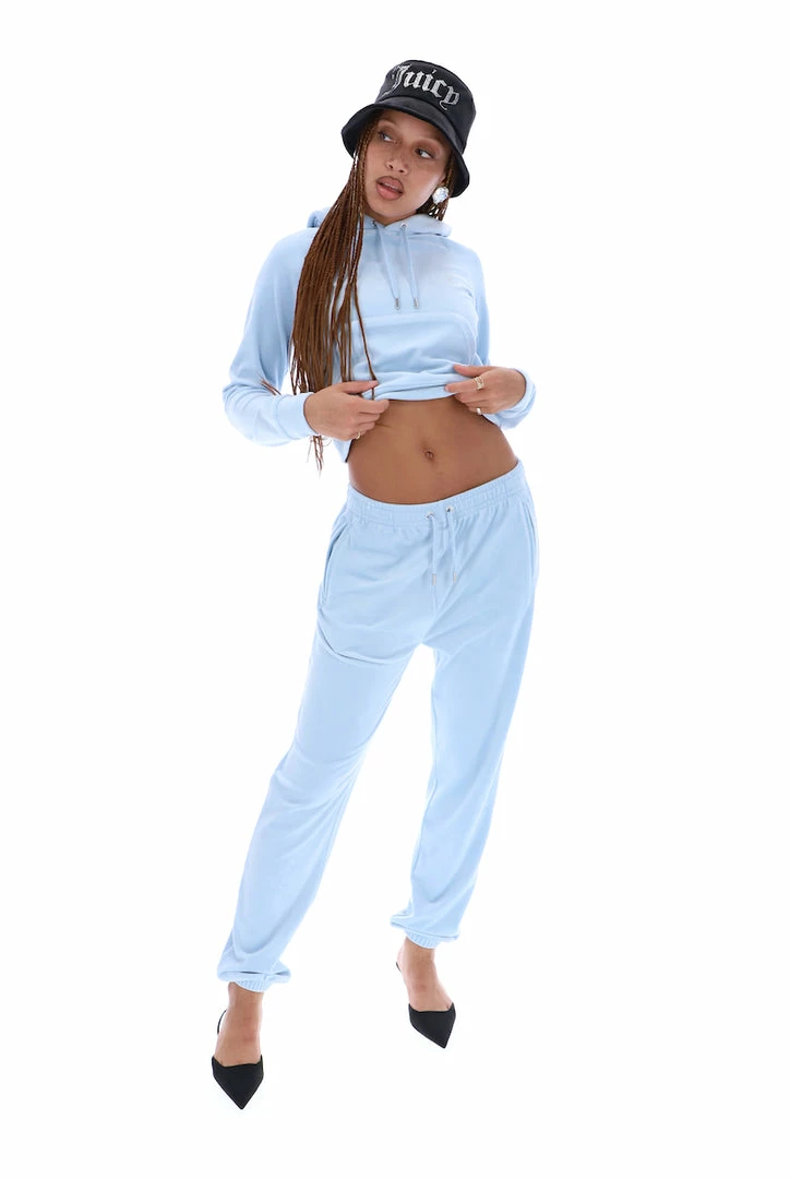 JUICY COUTURE COOL BLUE DIAMANTE VELOUR CUFFED BOTTOMS TRACKSUITS