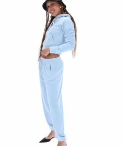 JUICY COUTURE COOL BLUE DIAMANTE VELOUR CUFFED BOTTOMS TRACKSUITS