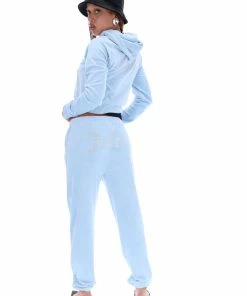 JUICY COUTURE COOL BLUE DIAMANTE VELOUR CUFFED BOTTOMS TRACKSUITS