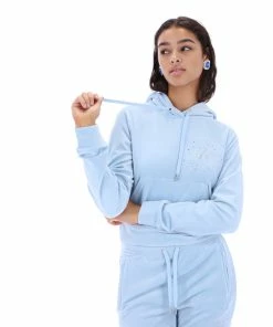 JUICY COUTURE TRACKSUITS COOL BLUE VELOUR SCRIPT DIAMANTE HOODIE