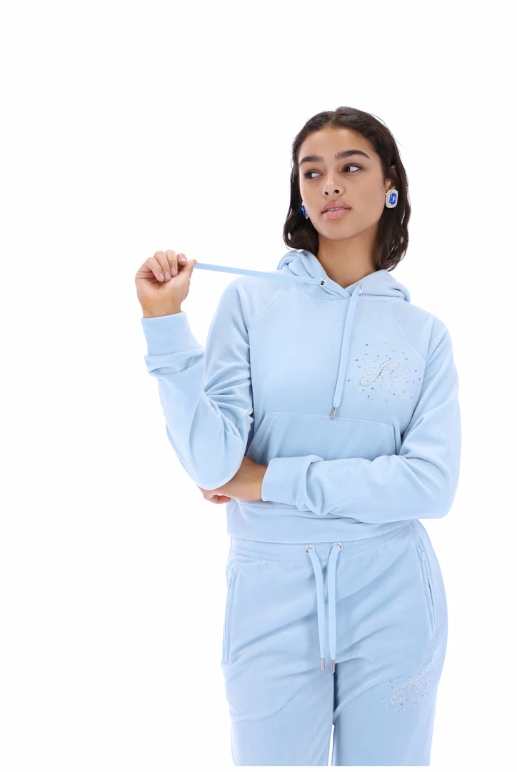JUICY COUTURE TRACKSUITS COOL BLUE VELOUR SCRIPT DIAMANTE HOODIE