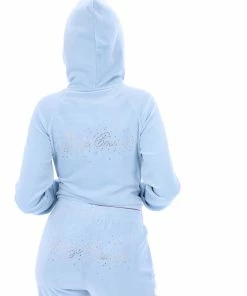 JUICY COUTURE TRACKSUITS COOL BLUE VELOUR SCRIPT DIAMANTE HOODIE