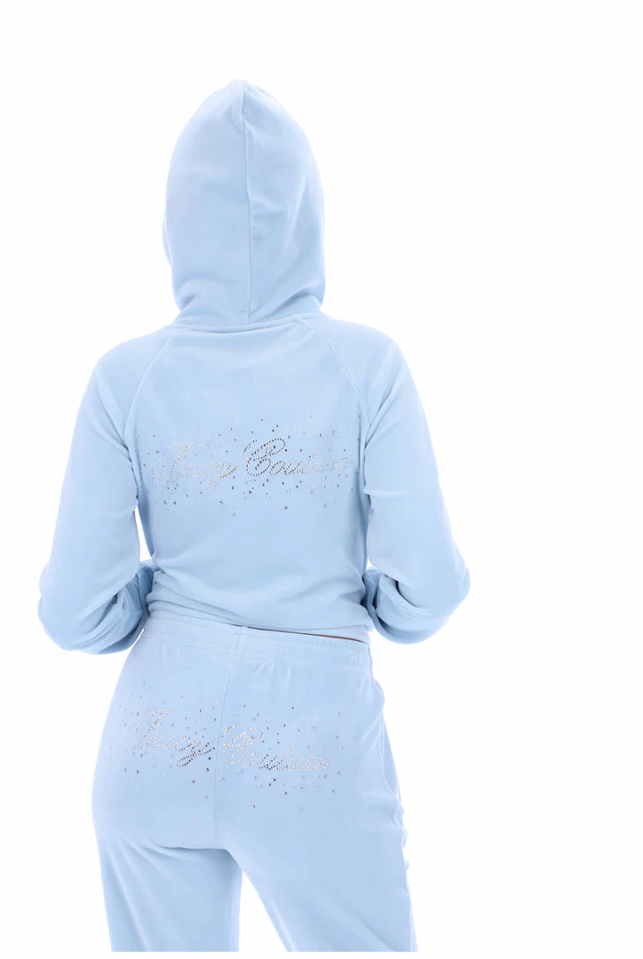 JUICY COUTURE TRACKSUITS COOL BLUE VELOUR SCRIPT DIAMANTE HOODIE
