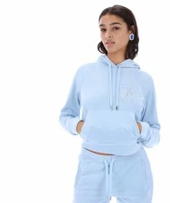 JUICY COUTURE TRACKSUITS COOL BLUE VELOUR SCRIPT DIAMANTE HOODIE