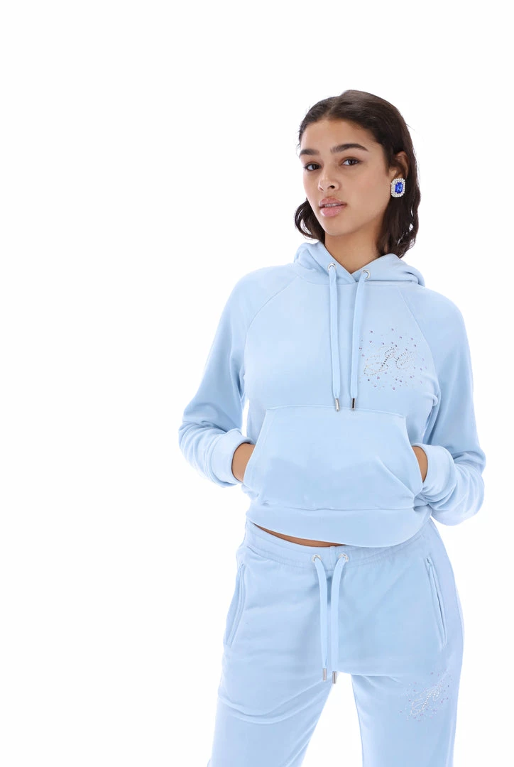 JUICY COUTURE TRACKSUITS COOL BLUE VELOUR SCRIPT DIAMANTE HOODIE