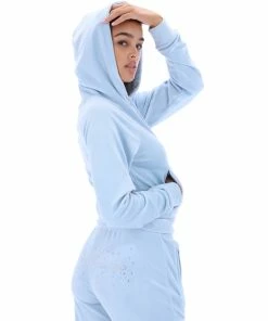 JUICY COUTURE TRACKSUITS COOL BLUE VELOUR SCRIPT DIAMANTE HOODIE