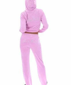 JUICY COUTURE TRACKSUITS ORCHID PINK VELOUR SCRIPT DIAMANTE HOODIE