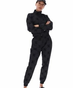 JUICY COUTURE BLACK FLOCKED MONOGRAM PONGEE TRACK JOGGER TRACKSUITS