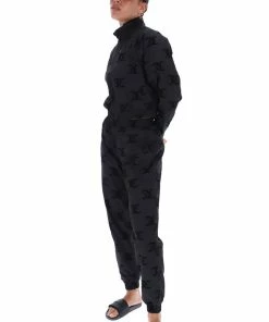 JUICY COUTURE BLACK FLOCKED MONOGRAM PONGEE TRACK JOGGER TRACKSUITS
