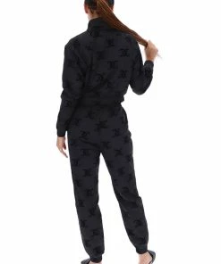 JUICY COUTURE BLACK FLOCKED MONOGRAM PONGEE TRACK JOGGER TRACKSUITS