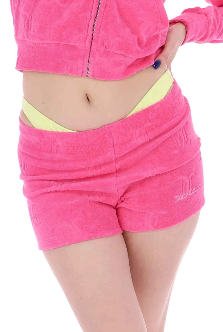 JUICY COUTURE SPRING SUMMER '22 COLLECTION FLURO PINK RECYCLED MONOGRAM TOWELLING SHORTS