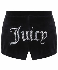 JUICY COUTURE SPRING SUMMER'22 COLLECTION BLACK VELOUR FLOWER DIAMANTE SHORTS