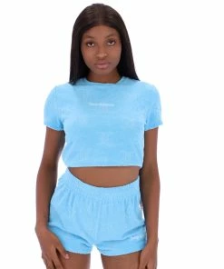 JUICY COUTURE AQUA RECYCLED MONOGRAM TOWELLING CROPPED TEE