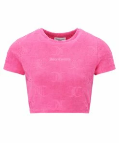 JUICY COUTURE FLURO PINK RECYCLED MONOGRAM TOWELLING CROPPED TEE SPRING SUMMER '22 COLLECTION