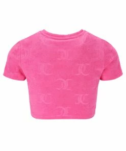 JUICY COUTURE FLURO PINK RECYCLED MONOGRAM TOWELLING CROPPED TEE SPRING SUMMER'22 COLLECTION