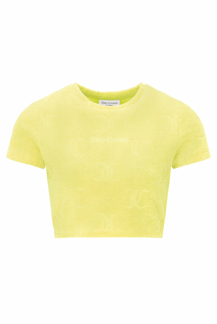 JUICY COUTURE YELLOW PEAR RECYCLED MONOGRAM TOWELLING CROPPED TEE SPRING SUMMER '22 COLLECTION