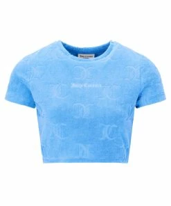 JUICY COUTURE AQUA RECYCLED MONOGRAM TOWELLING CROPPED TEE