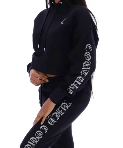 JUICY COUTURE BLACK CAPITAL DIAMANTE CROPPED HOODIE SPRING SUMMER'22 COLLECTION