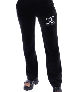 JUICY COUTURE SPRING SUMMER '22 COLLECTION BLACK STRIPED WAISTBAND VELOUR TRACKSUIT BOTTOMS