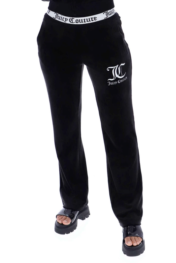 JUICY COUTURE SPRING SUMMER '22 COLLECTION BLACK STRIPED WAISTBAND VELOUR TRACKSUIT BOTTOMS