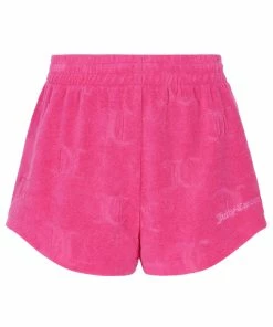 JUICY COUTURE SPRING SUMMER '22 COLLECTION FLURO PINK RECYCLED MONOGRAM TOWELLING SHORTS