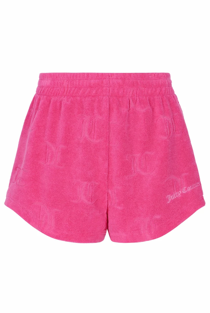 JUICY COUTURE SPRING SUMMER '22 COLLECTION FLURO PINK RECYCLED MONOGRAM TOWELLING SHORTS