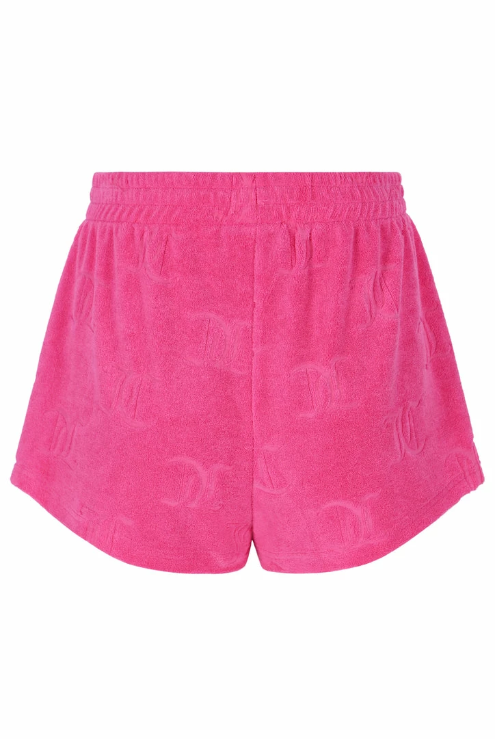 JUICY COUTURE SPRING SUMMER '22 COLLECTION FLURO PINK RECYCLED MONOGRAM TOWELLING SHORTS