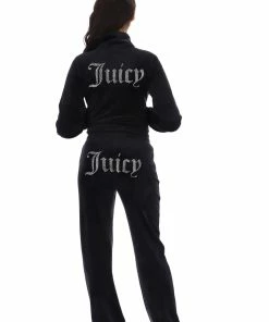 JUICY COUTURE TRACKSUITS BLACK VELOUR DIAMANTE TRACKSUIT BOTTOM