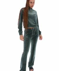 JUICY COUTURE TRACKSUITS DARK MOSS VELOUR DIAMANTE TRACKTOP