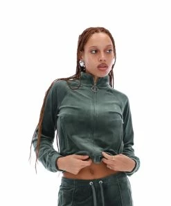 JUICY COUTURE TRACKSUITS DARK MOSS VELOUR DIAMANTE TRACKTOP