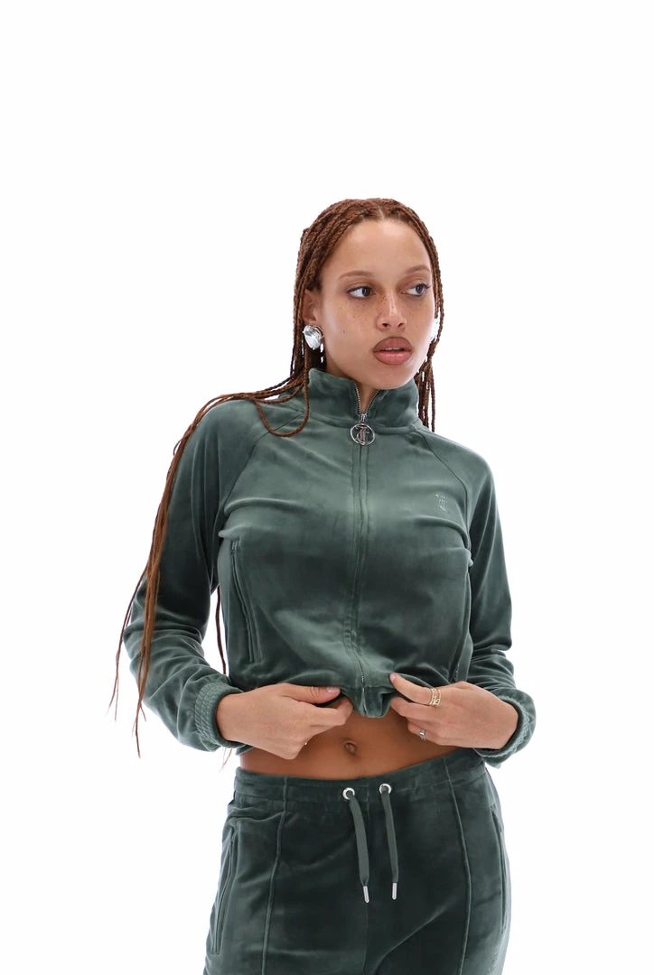 JUICY COUTURE TRACKSUITS DARK MOSS VELOUR DIAMANTE TRACKTOP