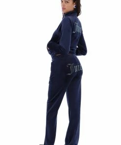 JUICY COUTURE TRACKSUITS NIGHT SKY BLUE VELOUR DIAMANTE TRACKSUIT BOTTOM