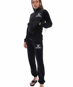 JUICY COUTURE BLACK VELOUR CREST EMBROIDERED TRACK TOP TRACKSUITS