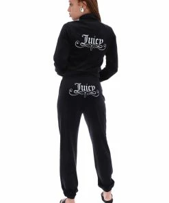 JUICY COUTURE BLACK VELOUR CREST EMBROIDERED TRACK TOP TRACKSUITS