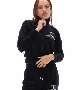 JUICY COUTURE BLACK VELOUR CREST EMBROIDERED TRACK TOP TRACKSUITS