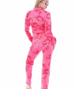 JUICY COUTURE FLURO PINK PRINTED VELOUR DIAMANTE TRACKSUIT BOTTOMS SPRING SUMMER'22 COLLECTION