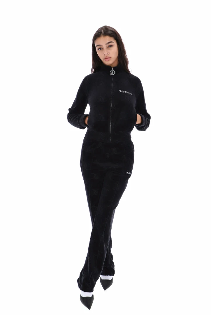 JUICY COUTURE BLACK MONOGRAM JACQUARD VELOUR TRACKTOP TRACKSUITS