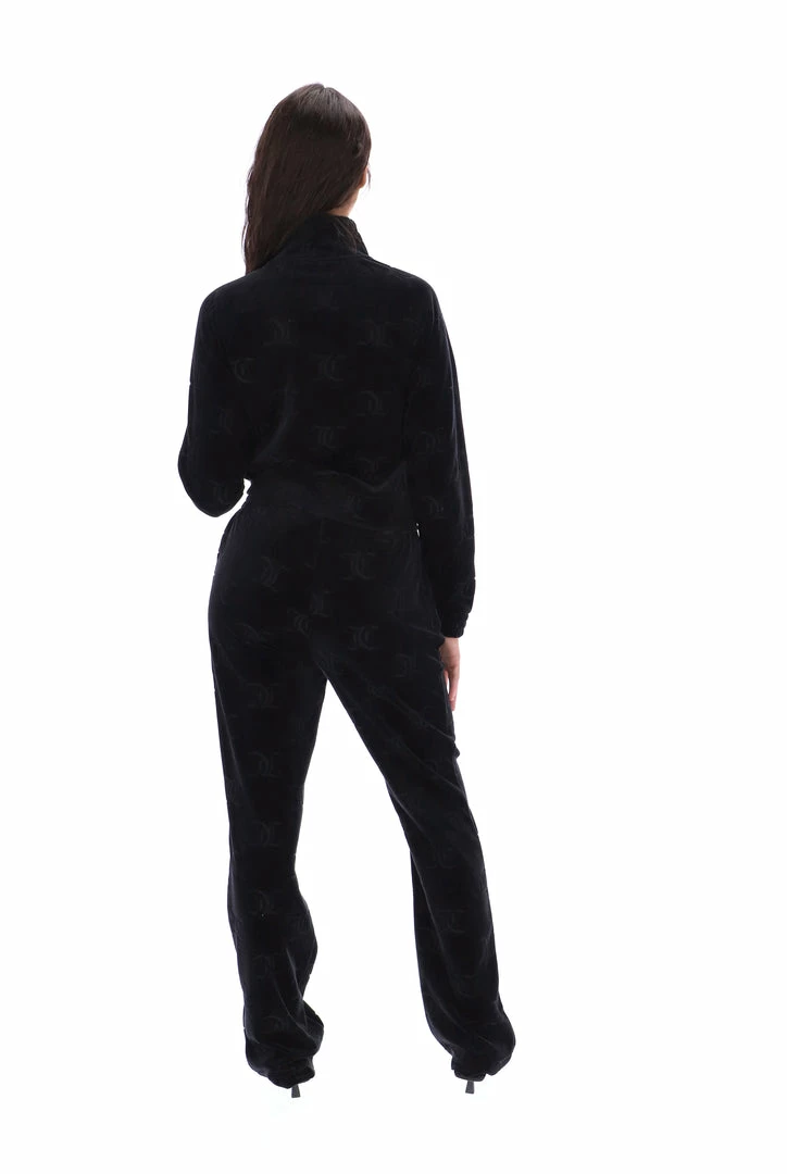 JUICY COUTURE BLACK MONOGRAM JACQUARD VELOUR TRACKTOP TRACKSUITS