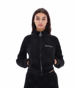 JUICY COUTURE BLACK MONOGRAM JACQUARD VELOUR TRACKTOP TRACKSUITS