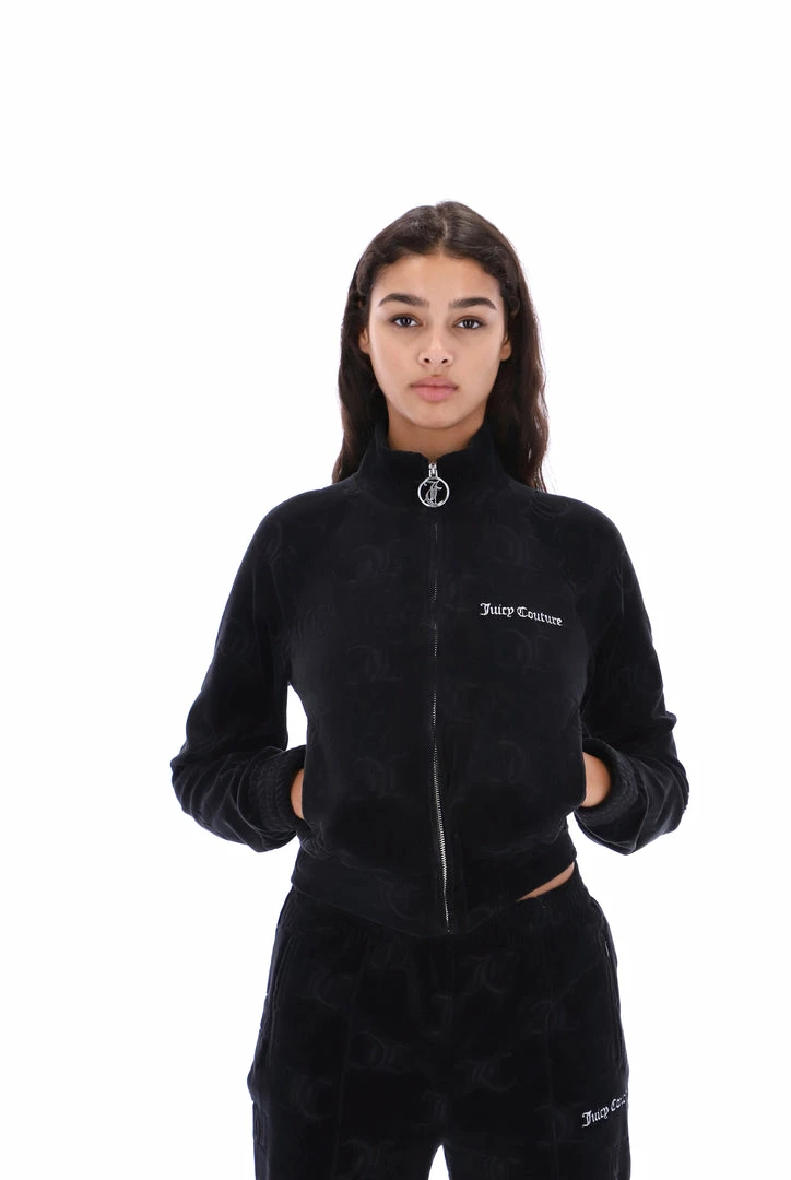 JUICY COUTURE BLACK MONOGRAM JACQUARD VELOUR TRACKTOP TRACKSUITS