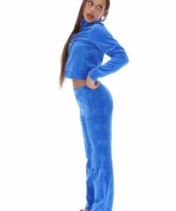JUICY COUTURE TRACKSUITS PRINCESS BLUE MONOGRAM VELOUR TRACKSUIT BOTTOMS