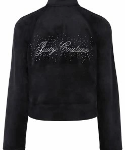 JUICY COUTURE TRACKSUITS BLACK VELOUR SCRIPT DIAMANTE ZIP UP TRACK TOP