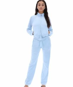 JUICY COUTURE TRACKSUITS COOL BLUE VELOUR SCRIPT DIAMANTE TRACKSUIT BOTTOM